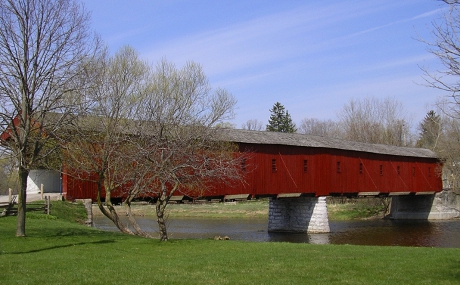 West Montrose covered bridge - red wooden bridge spanning the Grand River